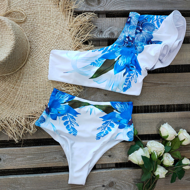 One Shoulder Swimsuit Print Bikinis Brazilian Bikini Set High Waist Swimming Suits Bathing Suit Summer Beachwear