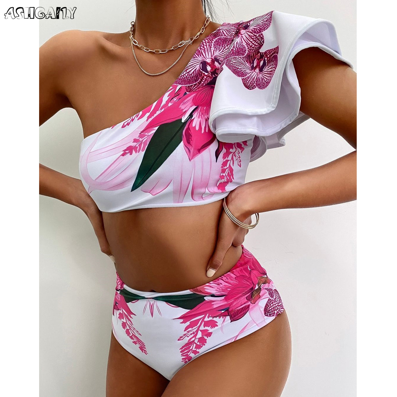 One Shoulder Swimsuit Print Bikinis Brazilian Bikini Set High Waist Swimming Suits Bathing Suit Summer Beachwear