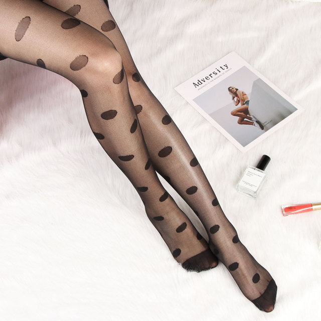 Classic Small Polka Dot Silk Stockings Thin Lady Lace Vintage Faux Tattoo Stockings Pantyhose Elastic Hosiery Tights
