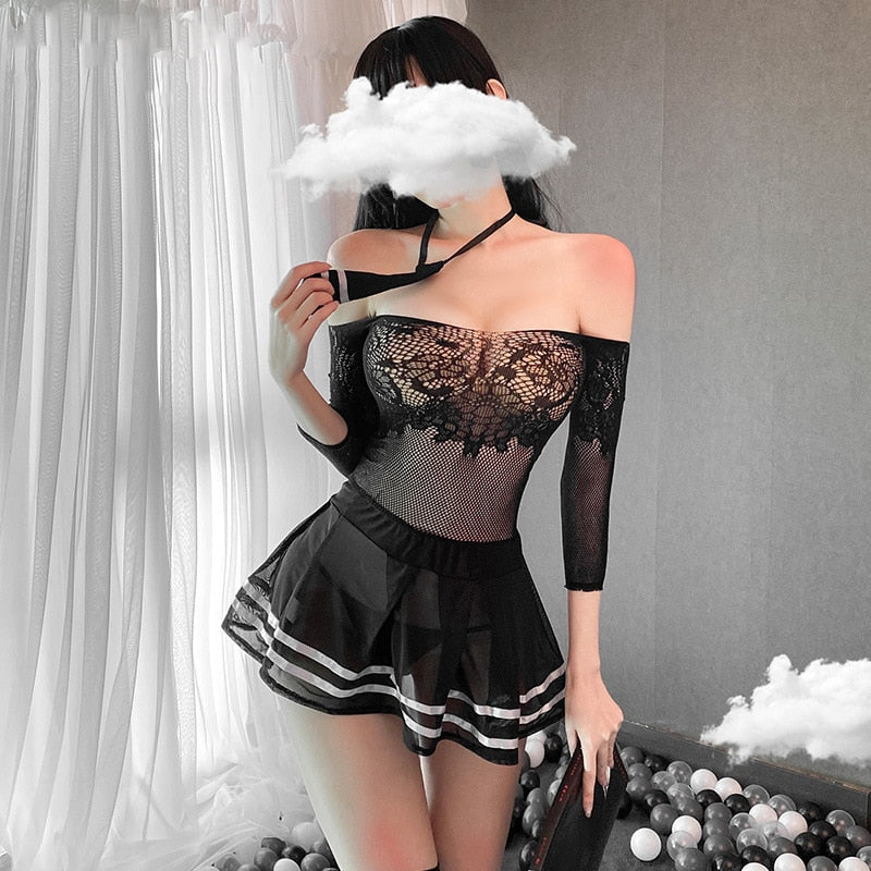 Sexy student uniform net clothes dress Lingerie erotic cosplay Schoolgirl perspective sexy student uniform sex game miniskirt