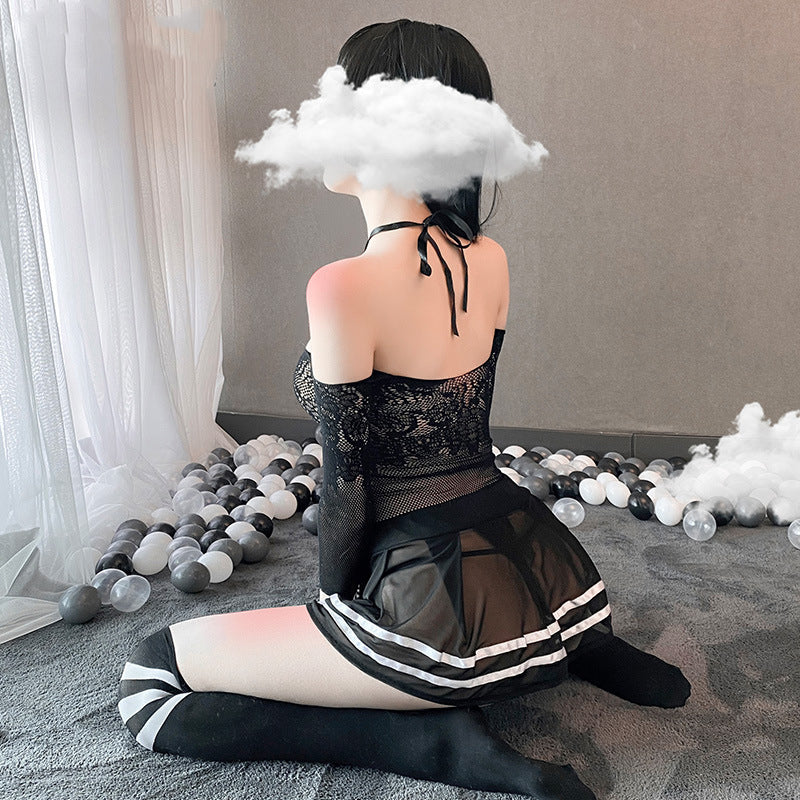 Sexy student uniform net clothes dress Lingerie erotic cosplay Schoolgirl perspective sexy student uniform sex game miniskirt