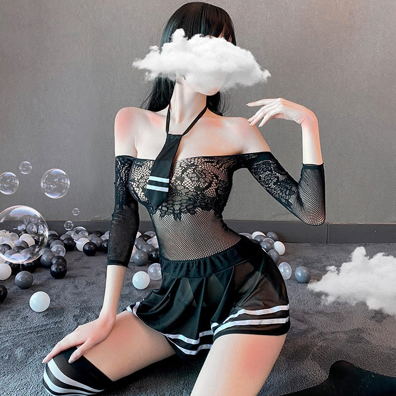 Sexy student uniform net clothes dress Lingerie erotic cosplay Schoolgirl perspective sexy student uniform sex game miniskirt