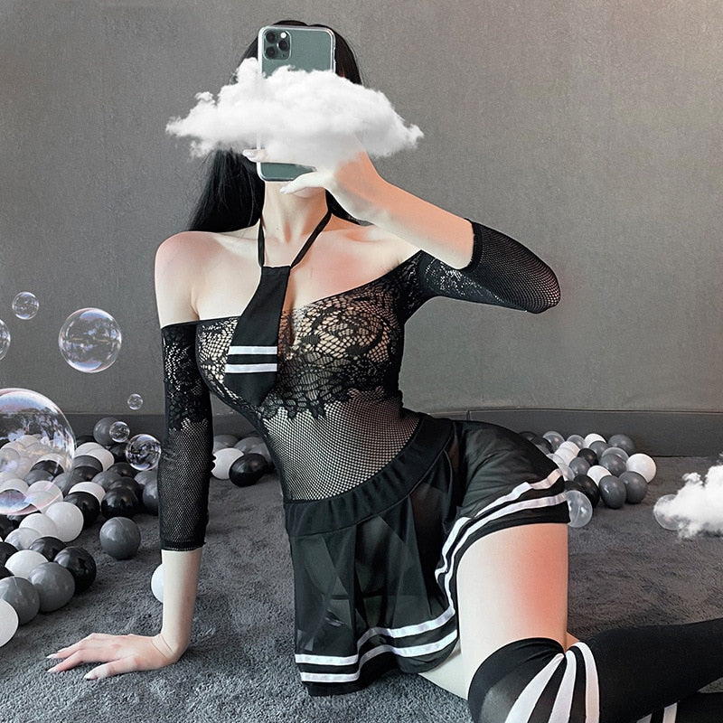 Sexy student uniform net clothes dress Lingerie erotic cosplay Schoolgirl perspective sexy student uniform sex game miniskirt
