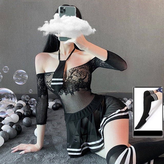 Sexy student uniform net clothes dress Lingerie erotic cosplay Schoolgirl perspective sexy student uniform sex game miniskirt