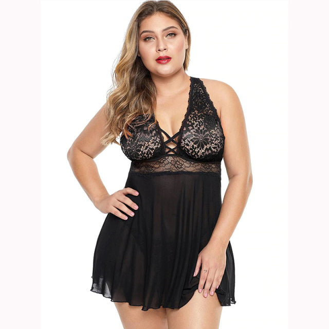 Sexy Erotic Lingerie Women Lace Hollow-out Halter Night Dress Plus Size Pijama Sleepwear See Through Underwear Night Gown 6XL