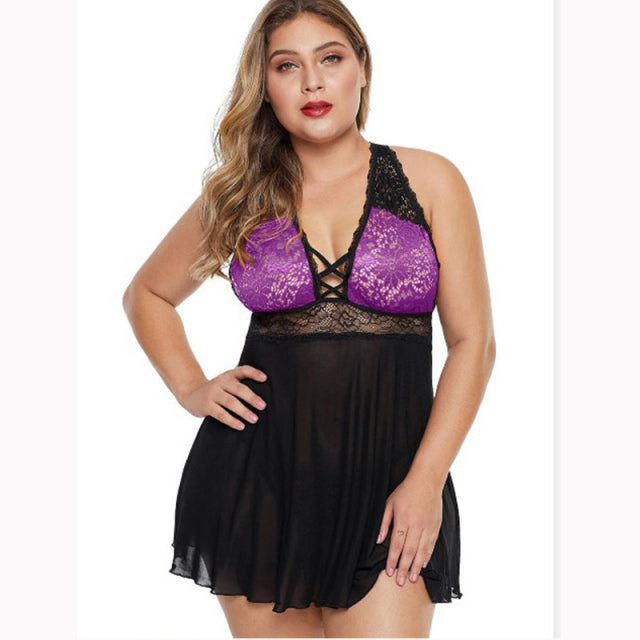 Sexy Erotic Lingerie Women Lace Hollow-out Halter Night Dress Plus Size Pijama Sleepwear See Through Underwear Night Gown 6XL