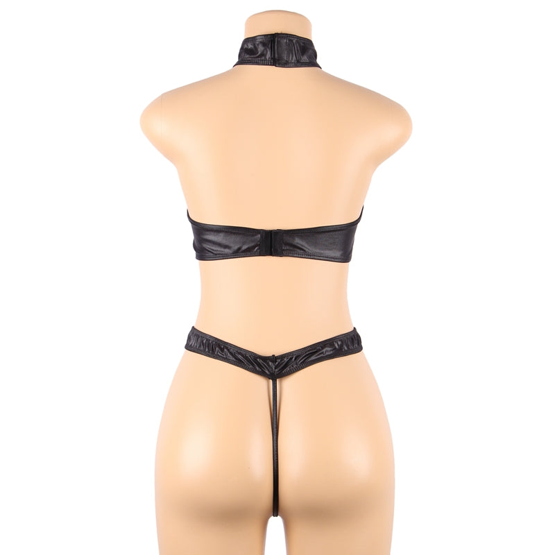Comeondear Sexy Women Lingerie Black Leather Exquisite Choker Neck Bra Set With Underwire Erotic Underwear Plus Size