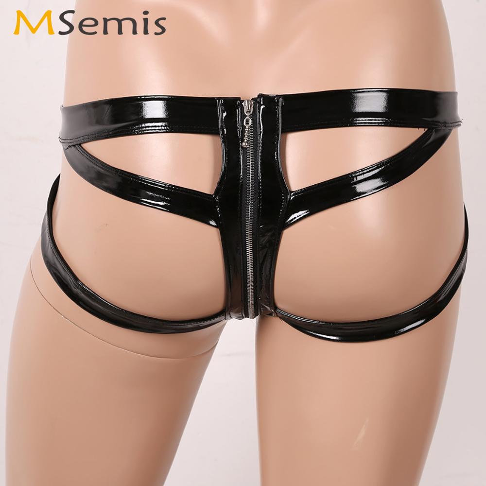 Mens Sissy Latex Panties Fetish Cutout Open Butt Wetlook Leather Penis Pouch Briefs Gay Bondage Crotchless Jockstraps Underwear