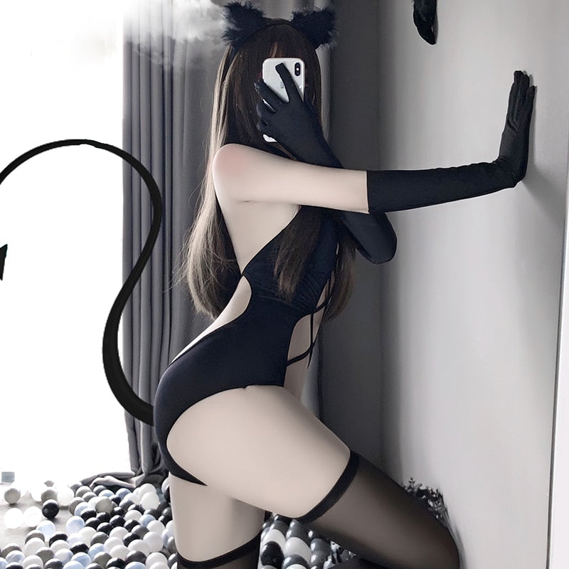 Open Back Lace Up One Piece Bodysuit Mesh Hollow Out Swimsuit Sexy Anime Lingerie Women Lolita Cartoon Cosplay Devil Costume