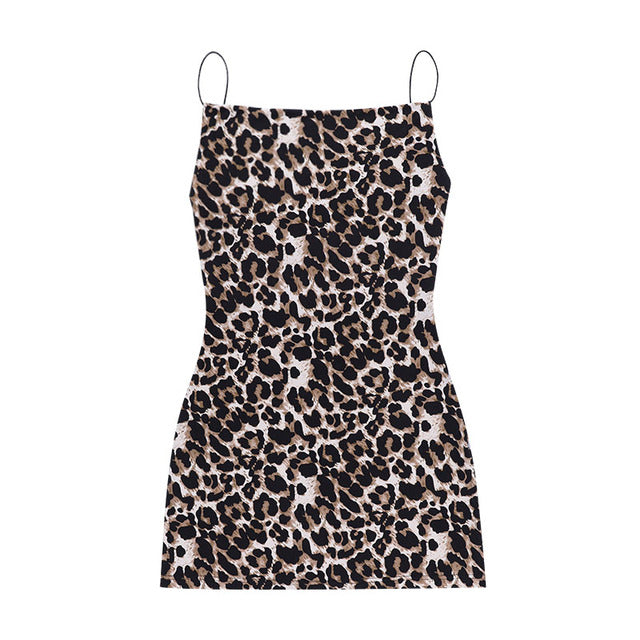 Sexy Backless Leopard Sundress Women Spaghetti Straps Mini Dress Fashion Sling Slit Hem One Piece Dress Party Clubwear