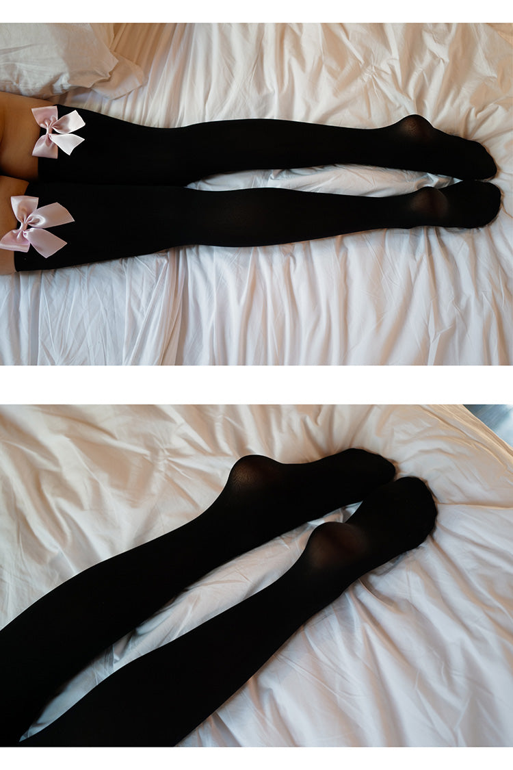 Sexy Women Hosiery Pink Bow Stay Up Thigh High Silk Stockings Hose.Ladies Sweet Bow Stockings Pantyhose