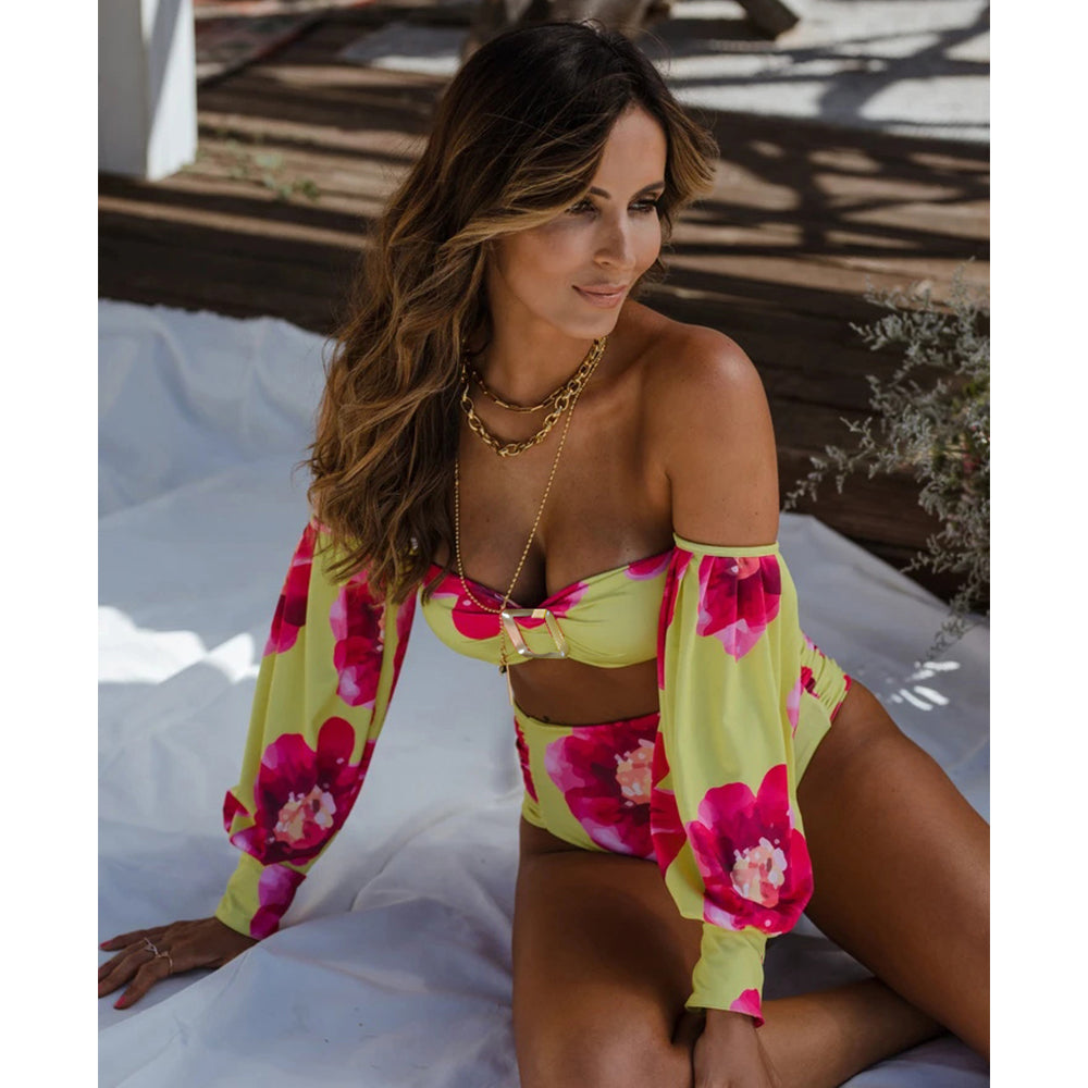 High Waist Bikini New Long Sleeve Sleeve Swimsuit Off-Shoulder Swimwear Women Bubble Sleeve Bikinis Sexy Mesh Beach Wear