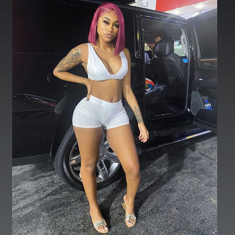 2PCS/Set Sexy Women Sleeveless Strap Bra Bustiers Tank Vest Crop Tops High Waist Shorts Pants Trousers Tracksuit