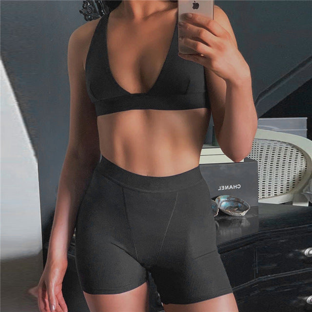 2PCS/Set Sexy Women Sleeveless Strap Bra Bustiers Tank Vest Crop Tops High Waist Shorts Pants Trousers Tracksuit
