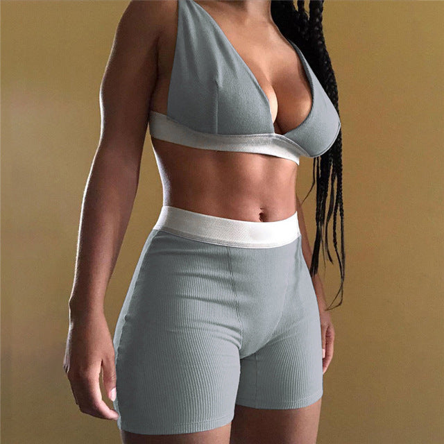 2PCS/Set Sexy Women Sleeveless Strap Bra Bustiers Tank Vest Crop Tops High Waist Shorts Pants Trousers Tracksuit