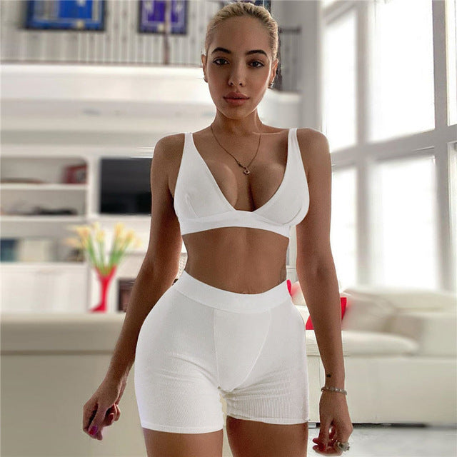 2PCS/Set Sexy Women Sleeveless Strap Bra Bustiers Tank Vest Crop Tops High Waist Shorts Pants Trousers Tracksuit