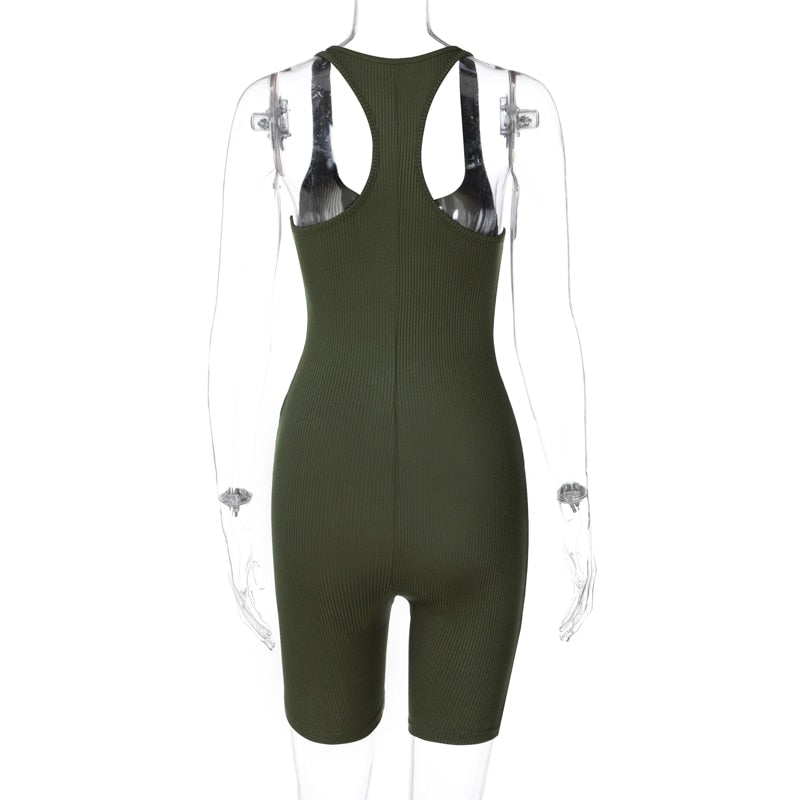 Hugcitar Sleeveless Halter Solid Backless Ribbed Skinny Bodycon Playsuit Women Streetwear Casual Romper