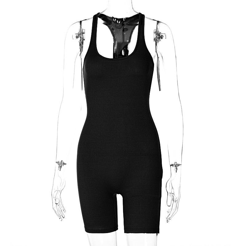 Hugcitar Sleeveless Halter Solid Backless Ribbed Skinny Bodycon Playsuit Women Streetwear Casual Romper