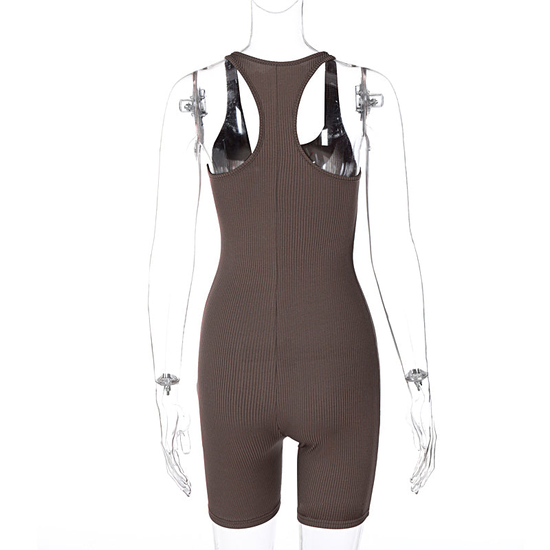 Hugcitar Sleeveless Halter Solid Backless Ribbed Skinny Bodycon Playsuit Women Streetwear Casual Romper