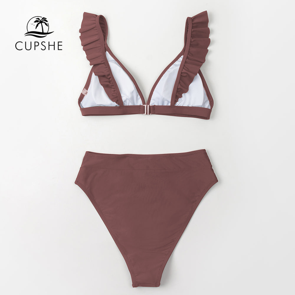CUPSHE V-neck Ruffled High-waist Bikini Sets Swimsuit Women Sexy Solid Brown Two Pieces Swimwear New Beach Bathing Suits