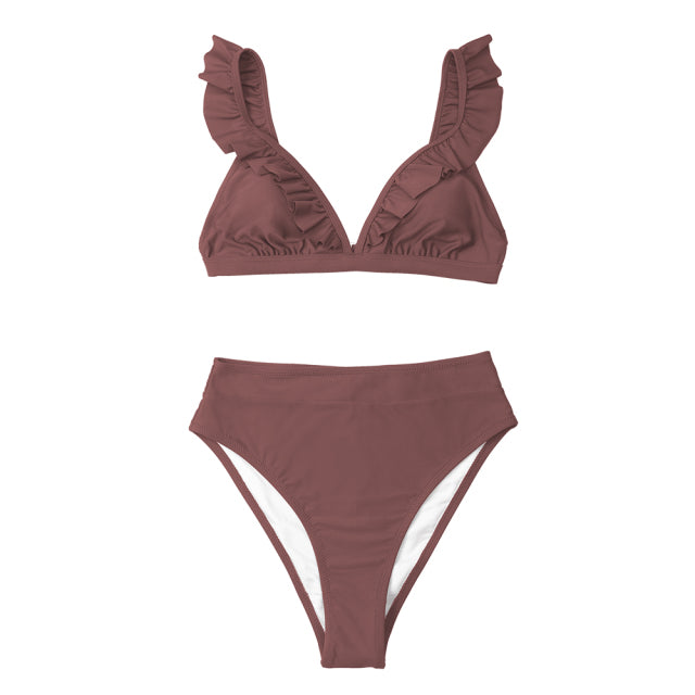 CUPSHE V-neck Ruffled High-waist Bikini Sets Swimsuit Women Sexy Solid Brown Two Pieces Swimwear New Beach Bathing Suits