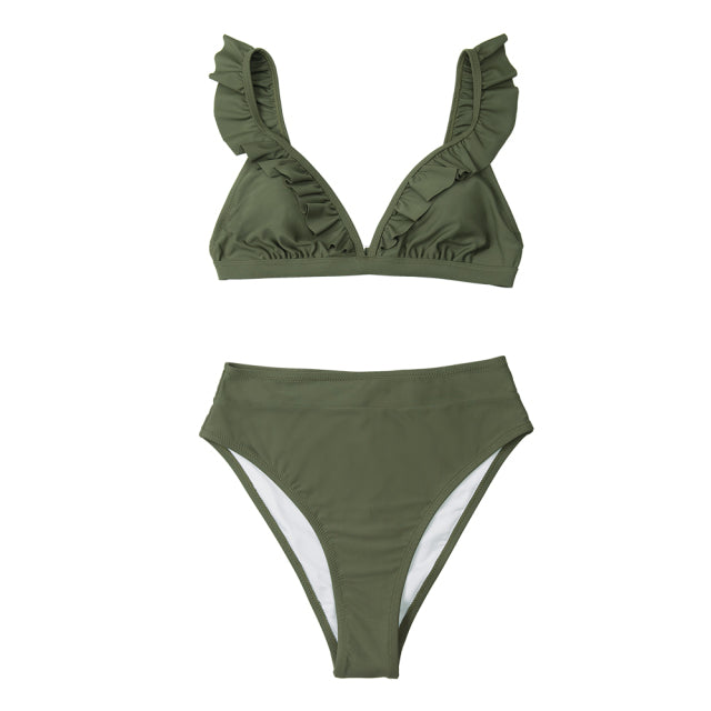 CUPSHE V-neck Ruffled High-waist Bikini Sets Swimsuit Women Sexy Solid Brown Two Pieces Swimwear New Beach Bathing Suits