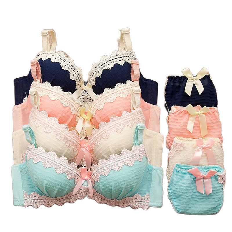 Women Push Up Bra Set Lace Seamless Bralette Cotton Underwear Wire Free Sweet Girl Students Lingerie With Panties