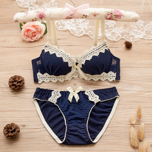 Women Push Up Bra Set Lace Seamless Bralette Cotton Underwear Wire Free Sweet Girl Students Lingerie With Panties