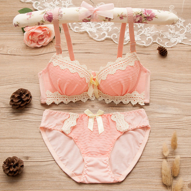 Women Push Up Bra Set Lace Seamless Bralette Cotton Underwear Wire Free Sweet Girl Students Lingerie With Panties