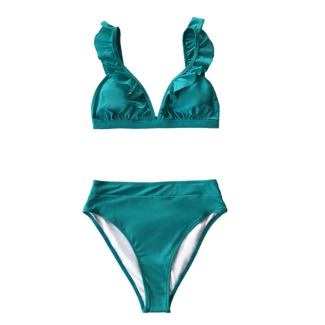CUPSHE V-neck Ruffled High-waist Bikini Sets Swimsuit Women Sexy Solid Brown Two Pieces Swimwear New Beach Bathing Suits