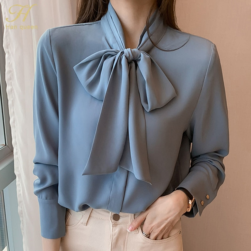 H Han Queen Simple Office Lady Blouse Female Shirt Bow Tops Long Sleeve Casual Korean OL Style Loose Blouses Women