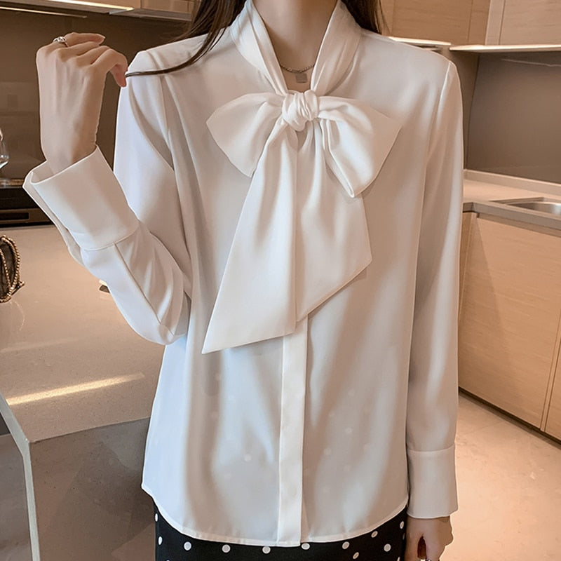 H Han Queen Simple Office Lady Blouse Female Shirt Bow Tops Long Sleeve Casual Korean OL Style Loose Blouses Women