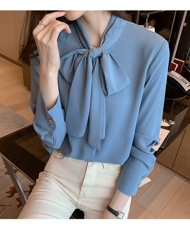 H Han Queen Simple Office Lady Blouse Female Shirt Bow Tops Long Sleeve Casual Korean OL Style Loose Blouses Women