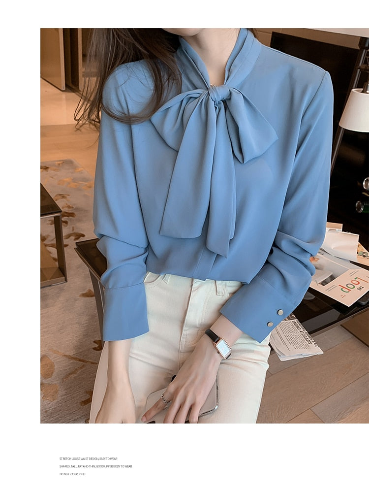 H Han Queen Simple Office Lady Blouse Female Shirt Bow Tops Long Sleeve Casual Korean OL Style Loose Blouses Women