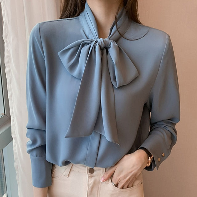 H Han Queen Simple Office Lady Blouse Female Shirt Bow Tops Long Sleeve Casual Korean OL Style Loose Blouses Women