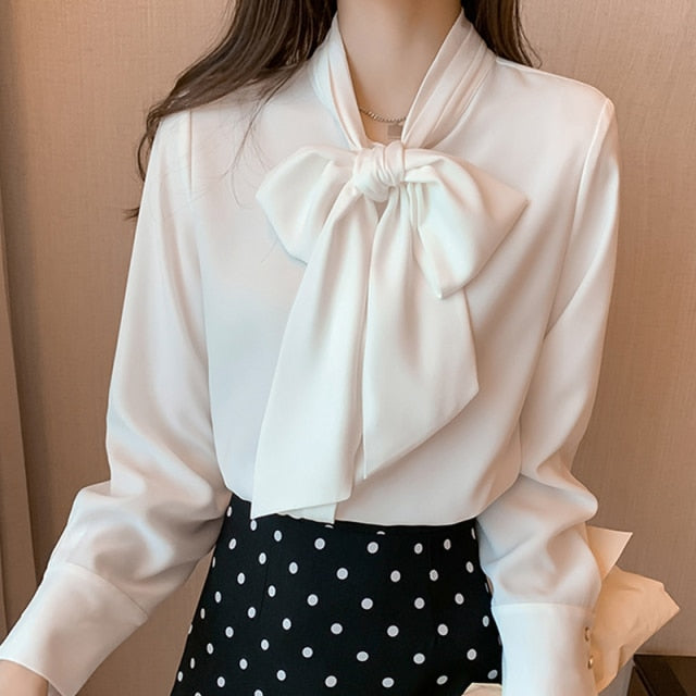 H Han Queen Simple Office Lady Blouse Female Shirt Bow Tops Long Sleeve Casual Korean OL Style Loose Blouses Women
