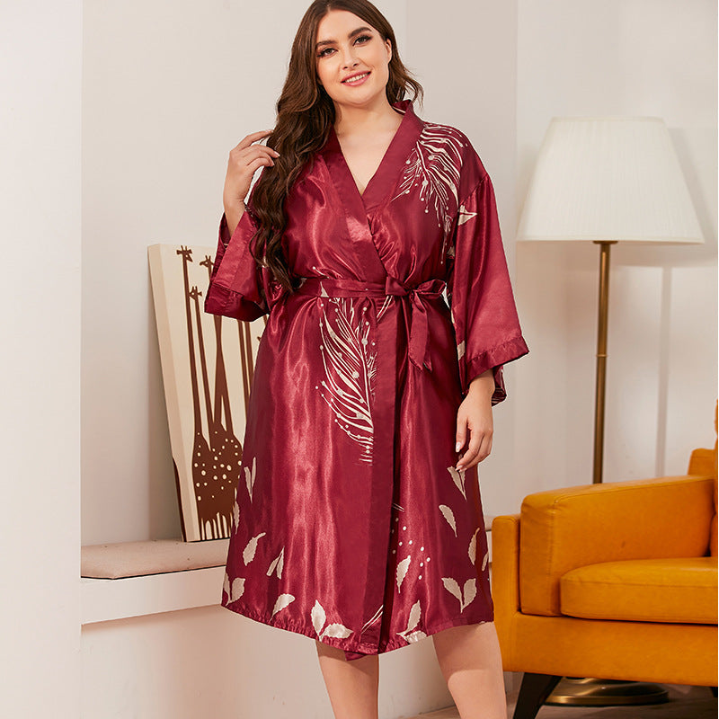 Burgundy Women Full Sleeve Summer Kimono Robe Bathrobe Satin Print Leaf Nightdress Plus Size XL-3XL Loose Home Dress Sleepwear