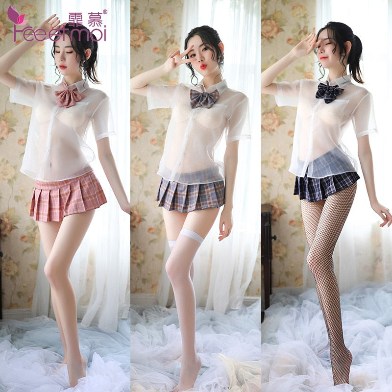 High-end British plaid style student dress shirt bow collar pleated skirt woman sexy erotic upskirt student uniform cosplay