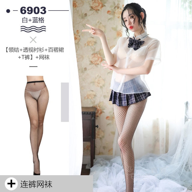 High-end British plaid style student dress shirt bow collar pleated skirt woman sexy erotic upskirt student uniform cosplay