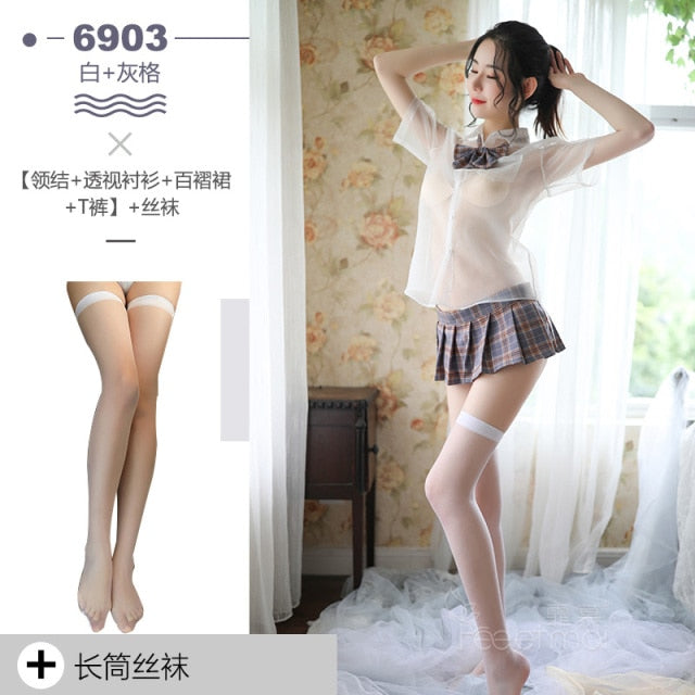 High-end British plaid style student dress shirt bow collar pleated skirt woman sexy erotic upskirt student uniform cosplay