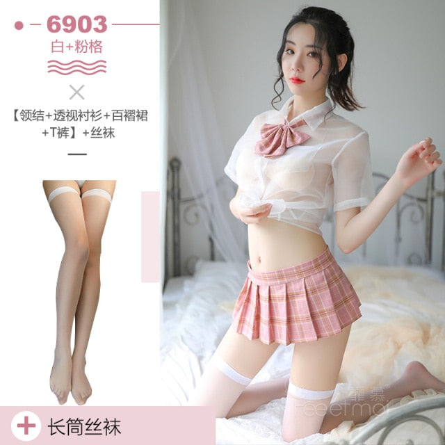 High-end British plaid style student dress shirt bow collar pleated skirt woman sexy erotic upskirt student uniform cosplay
