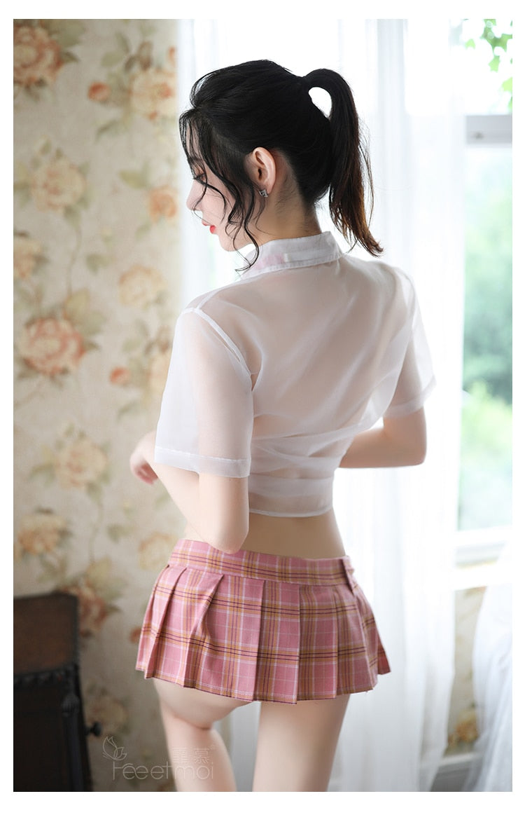 High-end British plaid style student dress shirt bow collar pleated skirt woman sexy erotic upskirt student uniform cosplay