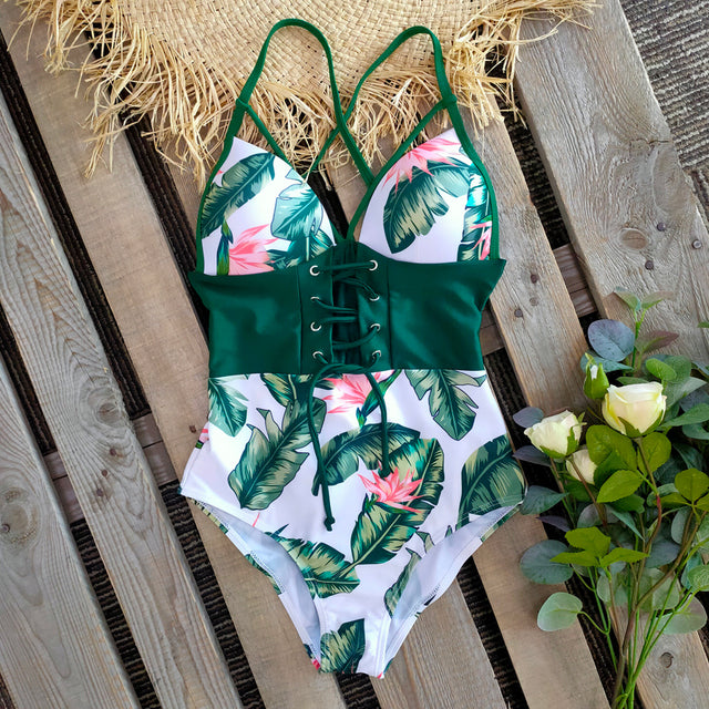 New Abdomen Control Wasit Push Up Swimsuit Print Swimwear Vintage Retro Bathing Suits Bodysuit Beach Wear Backless