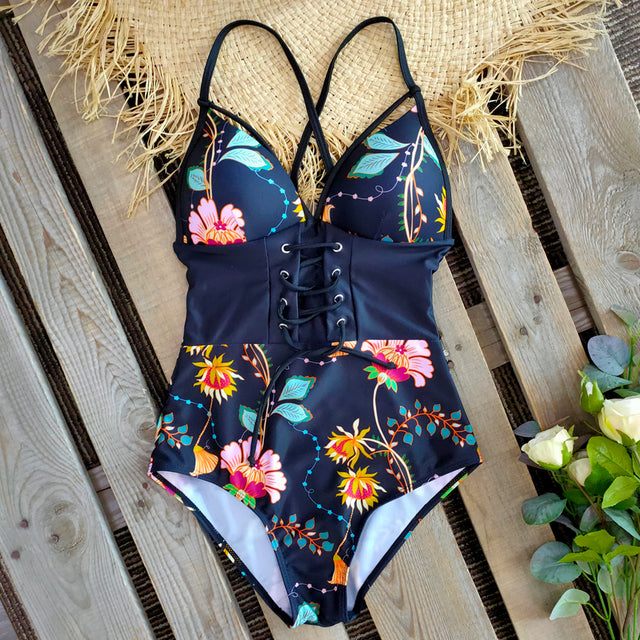 New Abdomen Control Wasit Push Up Swimsuit Print Swimwear Vintage Retro Bathing Suits Bodysuit Beach Wear Backless