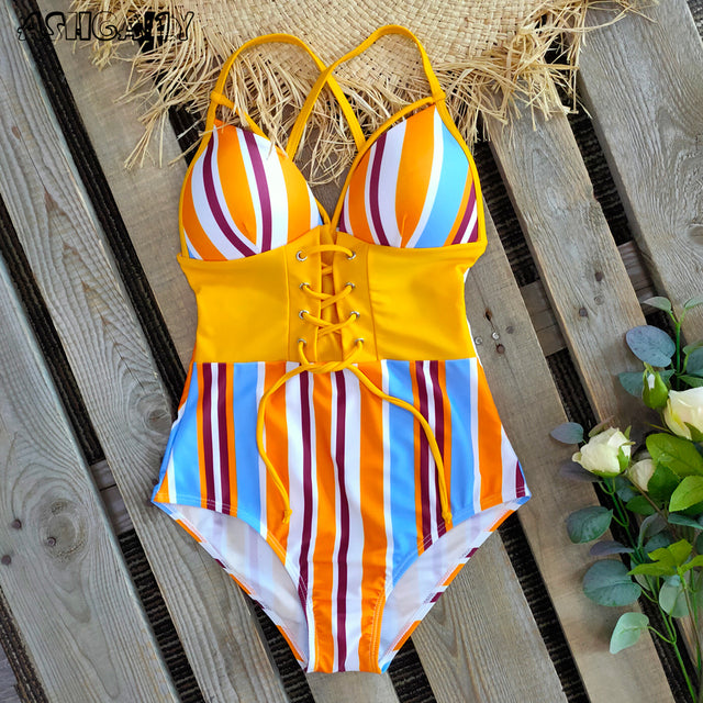 New Abdomen Control Wasit Push Up Swimsuit Print Swimwear Vintage Retro Bathing Suits Bodysuit Beach Wear Backless