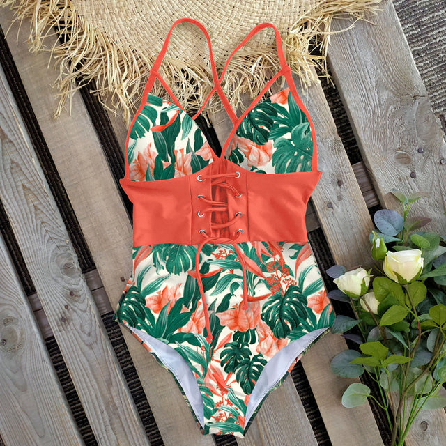 New Abdomen Control Wasit Push Up Swimsuit Print Swimwear Vintage Retro Bathing Suits Bodysuit Beach Wear Backless