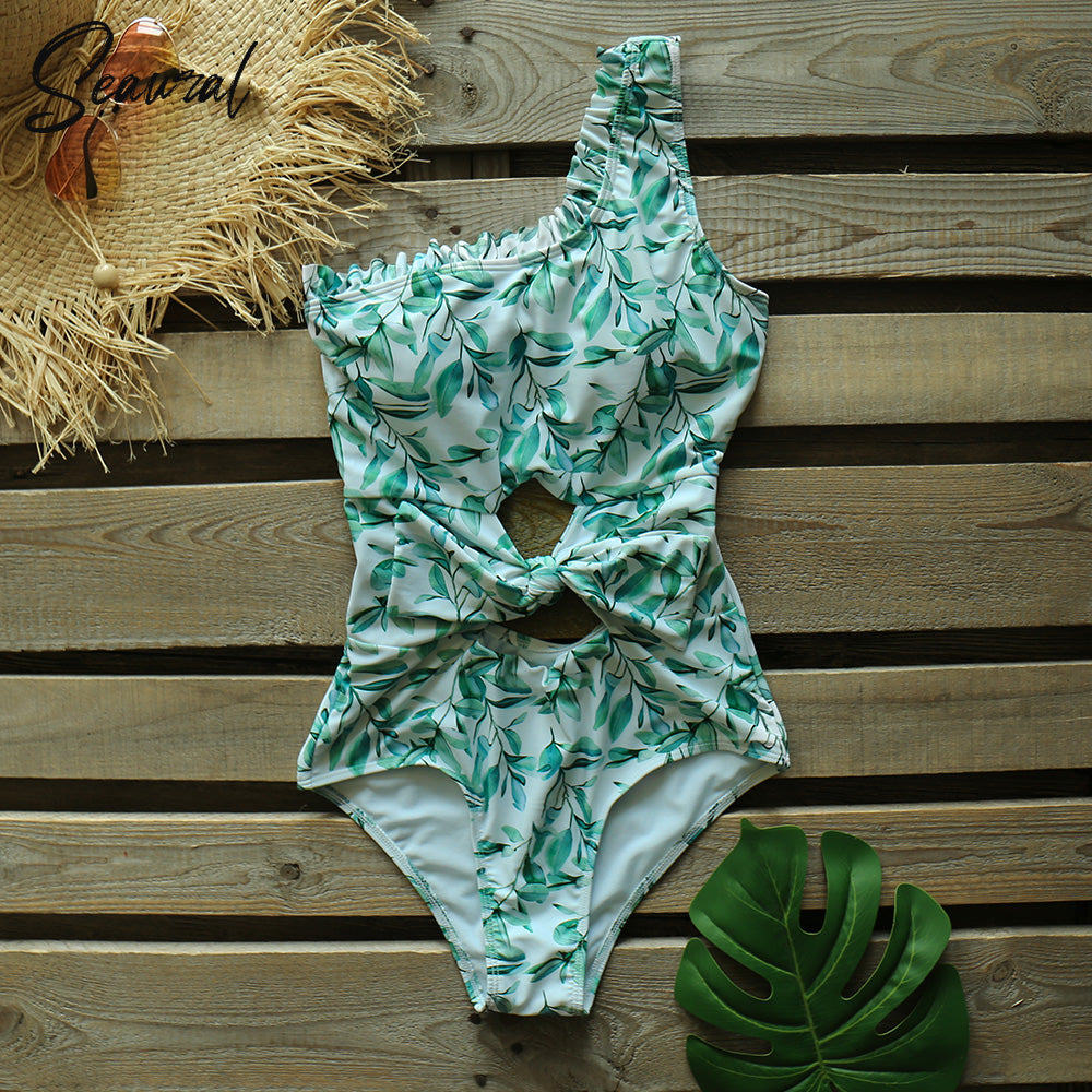 Sexy One Piece Swimsuit One Shoulder Bandage Swimsuits Printi Swimwear Women Backless Bathing Suit Beachwear Monokini Swim