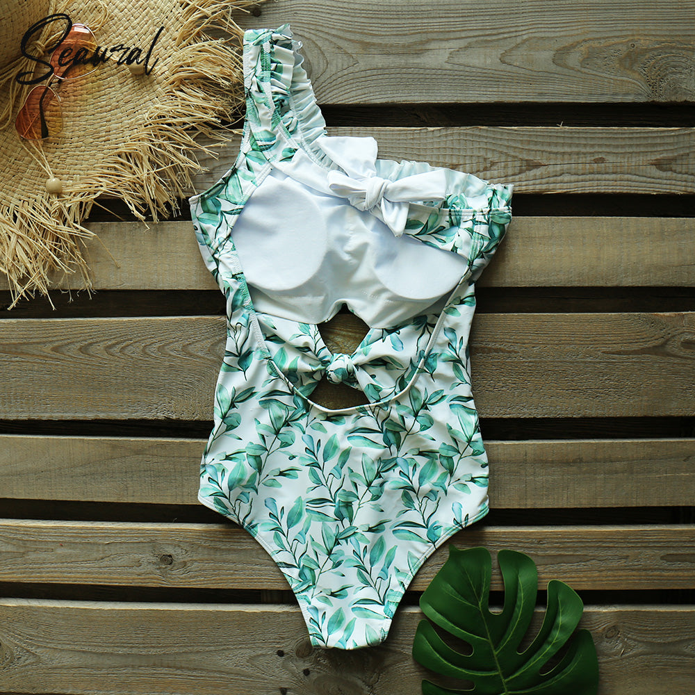 Sexy One Piece Swimsuit One Shoulder Bandage Swimsuits Printi Swimwear Women Backless Bathing Suit Beachwear Monokini Swim
