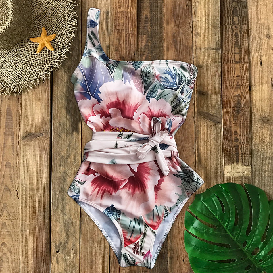 Sexy One Piece Swimsuit One Shoulder Bandage Swimsuits Printi Swimwear Women Backless Bathing Suit Beachwear Monokini Swim