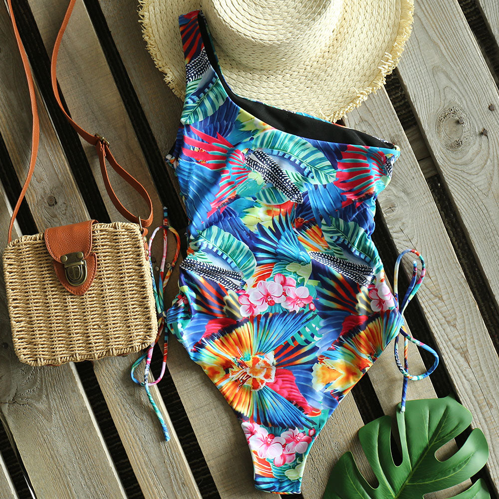Sexy One Piece Swimsuit One Shoulder Bandage Swimsuits Printi Swimwear Women Backless Bathing Suit Beachwear Monokini Swim